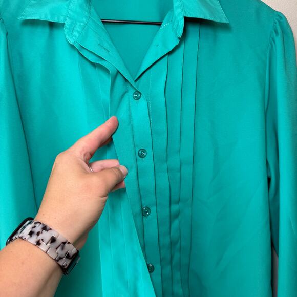 Vintage Carriage Court Women's Long Sleeve Chic Button Blouse Turquoise Size 12 - Picture 3 of 6